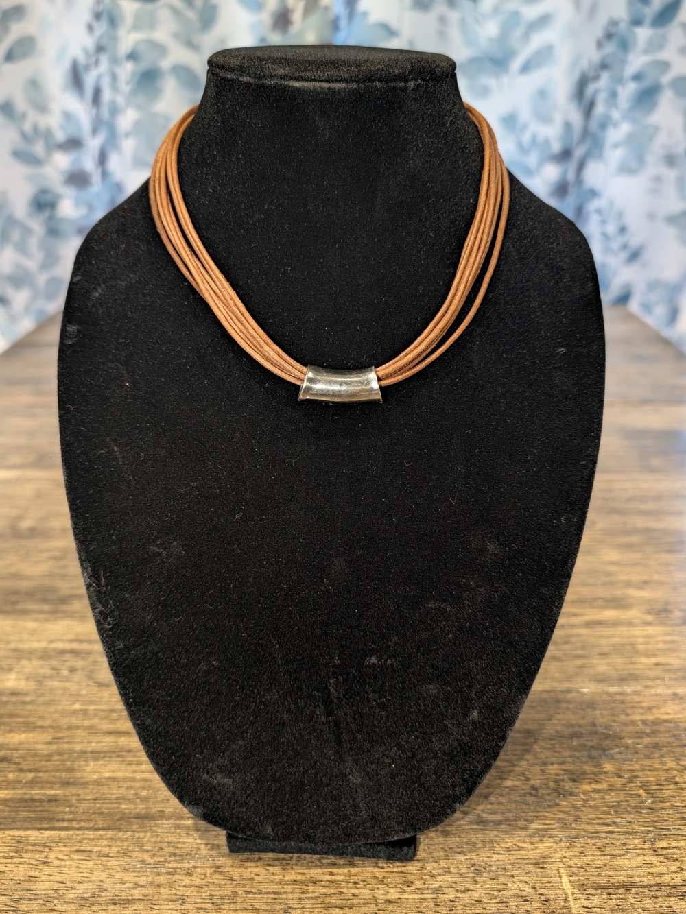 Multi-Strand Tan Leather Necklace with Silver Accent